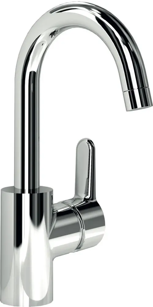Chromfarbener Wasserhahn von Ideal Standard mit abgerundetem Auslauf und seitlichem Bedienhebel. Minimalistisches Design für moderne Küchen oder Bäder.